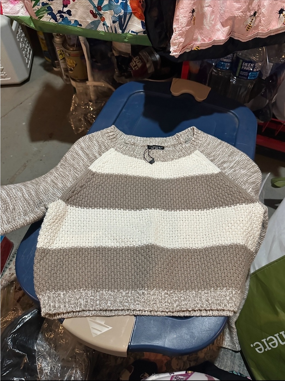Striped Knit Crewneck, Cropped Sweater - Beige & Cream - Express